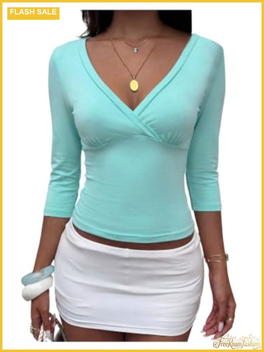 Women's Wrap V-Neck Crop Top 3/4 Sleeve Fitted Tee Night Out Slim